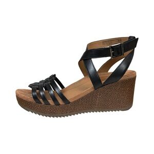 Vionic Clarisa Raffia Black Leather Ankle Strap Wedge Sandals Size 9.5